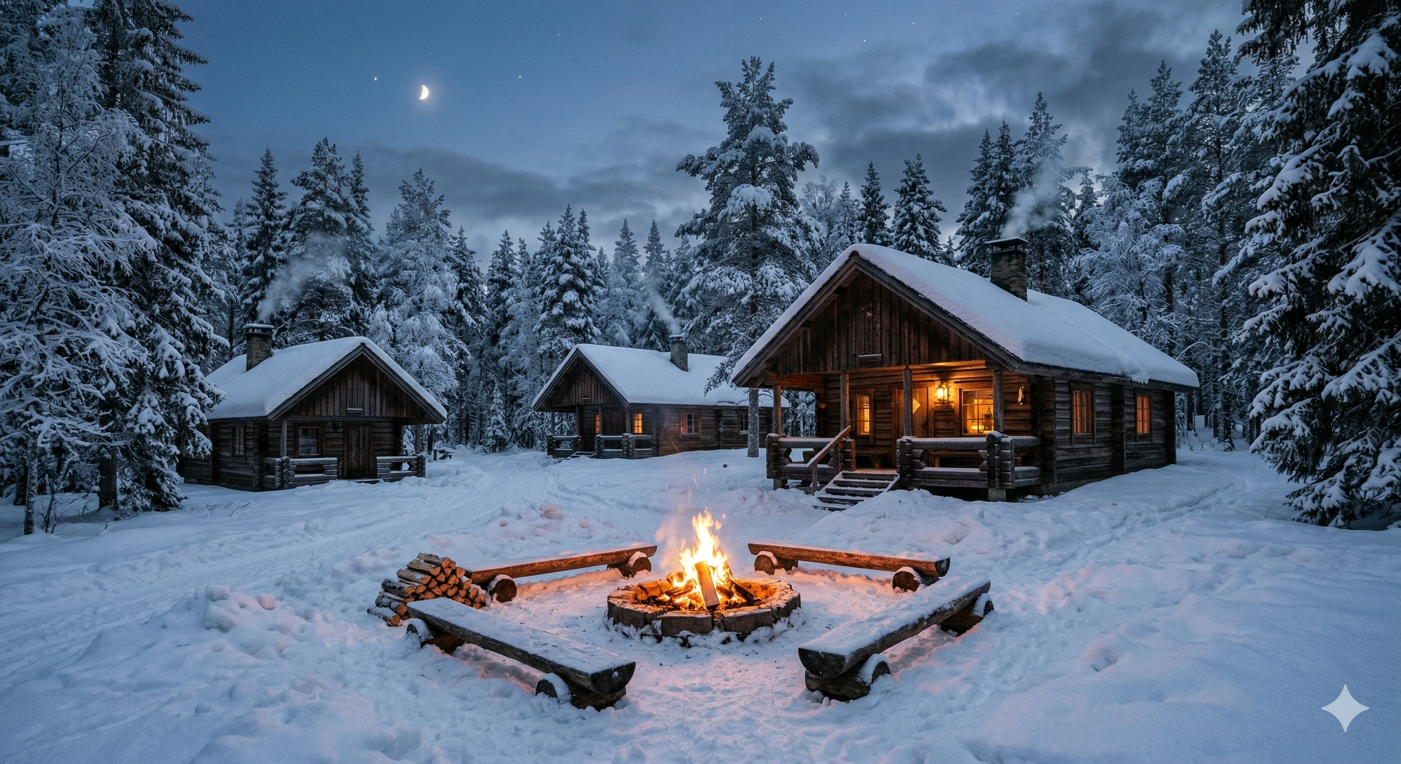 Family sitting around a fire pit in front of cabin